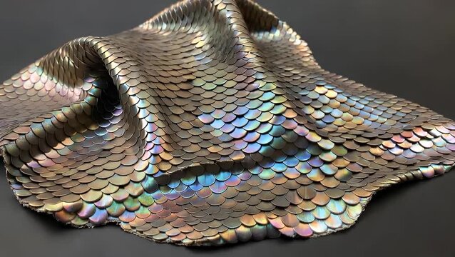extreme closeup of fabric that appears to be made entirely of tiny overlapping scales the scales shift and overlap as the fabric moves creating shimmering chameleonlike