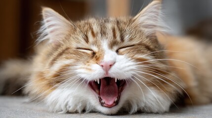 Happy cat yawning in a cozy indoor setting during the afternoon light