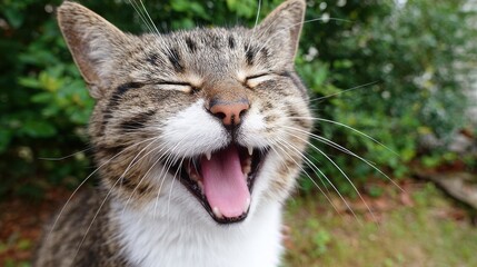 Happy cat enjoying the outdoors with a joyful expression and wide open mouth under natural greenery