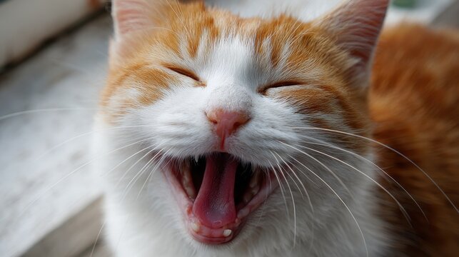 Smiling ginger cat yawning in sunlight, enjoying a warm afternoon outdoors - Powered by Adobe