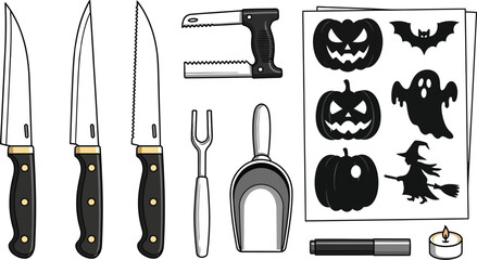 Carving tools and halloween stencils for pumpkin decorating on a white background
