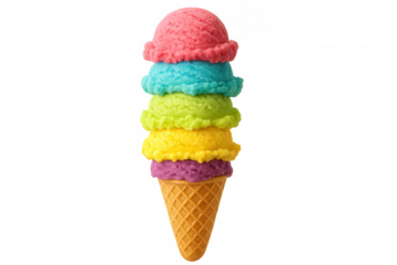 Colorful ice cream scoops balancing in waffle cone, layered with creamy textures against clean white background