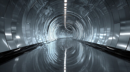 Naklejka premium Futuristic tunnel with sleek metallic surfaces reflecting light in a smooth, curved design