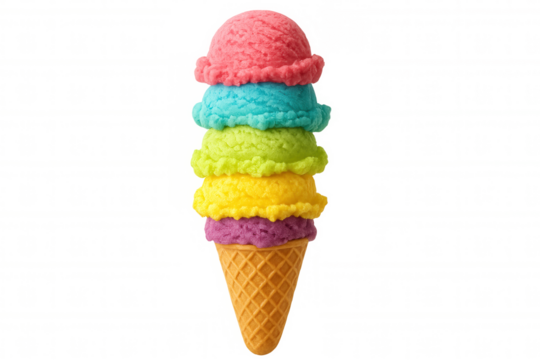 Colorful ice cream scoops balancing in waffle cone, layered with creamy textures against clean white background