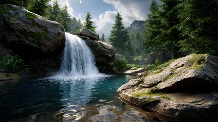 Fototapeta premium Serene Waterfall Cascading into a Crystal-Clear Forest Pool