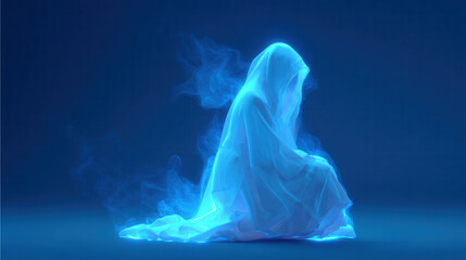 Ethereal figure cloaked in translucent fabric emanating glowing blue light in a mystical setting