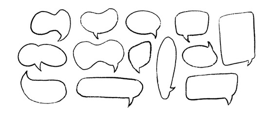 Chalk pencil speech bubble doodle set. Crayon drawn comic talk balloons and chat icons with grunge sketch texture. Hand drawn communication frames vector isolated on white background