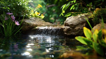 Serene Waterfall in a Lush, Sun-Dappled Garden Oasis