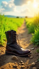 A single, worn leather boot rests on a dusty path leading into a sun-drenched, verdant field; symbolizing a journey of growth and legacy , steps, perspective, future