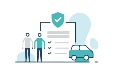 Car insurance policy agreement with people and vehicle isolated on white background for safety and protection