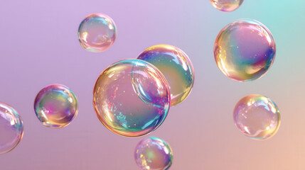 Naklejka premium Colorful soap bubbles float against a pastel backdrop creating a mesmerizing visual display in a calm setting