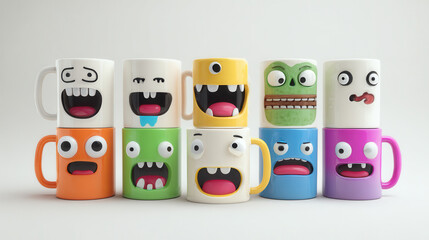 Colorful mugs with quirky faces displayed in a fun arrangement on a light background