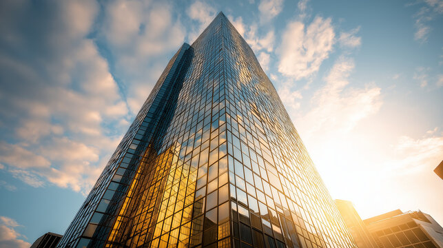 Ultra-modern skyscraper with reflective glass facade, golden sunset light, cinematic wide-angle perspective