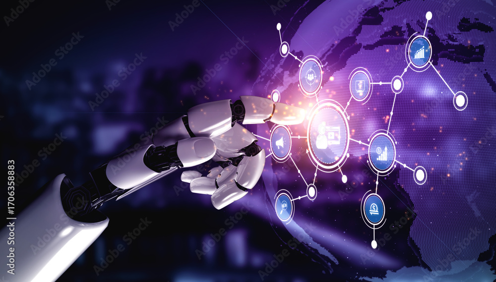 Poster a sleek robotic hand reaches towards a glowing digital network, symbolizing the synergy between tech