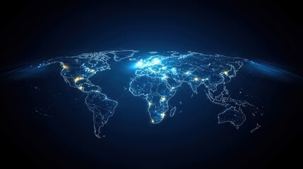 A digital representation of Earth showcasing illuminated regions, highlighting urban areas and connectivity in a dark background.