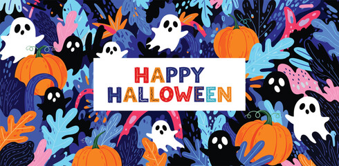 Festive Halloween background illustration featuring cheerful ghosts, classic pumpkins, and colorful foliage perfect for autumnal season greetings and party invitations
