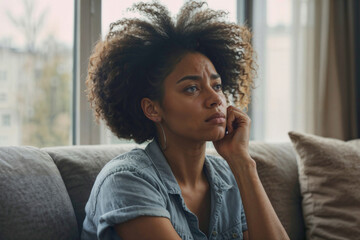 Stressed black woman with sad expression sitting on sofa at home looking outside and thinking bad problems on life. Woman feels depression
