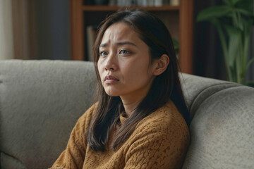 Thoughtful Asian woman with sad expression sitting on sofa at home looking outside and thinking bad problems on life. Woman feels depression