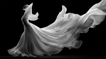 Elegant white dress flowing in the wind captured in dramatic black and white studio lighting
