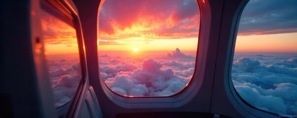 Fototapeta premium A sleek, modern airplane cockpit window reveals a breathtaking sunset over sprawling clouds and distant land Perfect for travel, aviation, or adventure themes , reflection, cabin