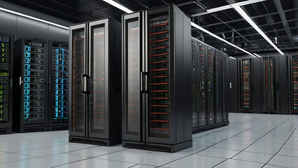 Modern Data Center Interior with Server Racks – Cloud Infrastructure, Network Equipment, Storage, Computing Power, Technology, Security, Performance, 8K image  