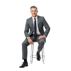 Professional businessman sitting on stool portrait in gray suit  full shot on transparent background