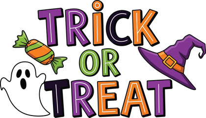 Colorful trick or treat design with ghost candy and witch hat for halloween fun