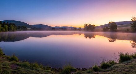 Fototapeta premium A serene lake reflects the colorful sunrise with mist and hills in the background creating a peaceful scene ai generated