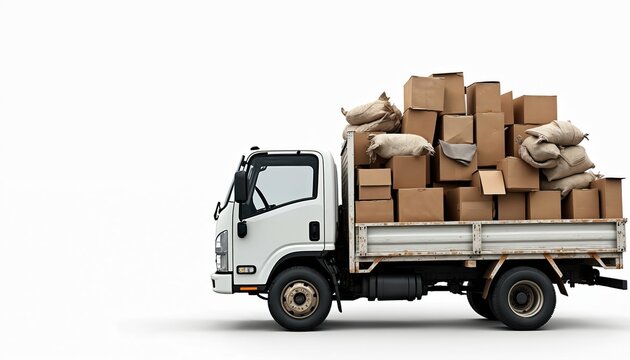 White pickup truck overloaded with stacked cardboard boxes, burlap sacks. Vehicle carries messy pile of cargo for delivery, removal, relocation services. Chaotic heap of goods suggests moving day