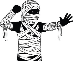Illustration of a mummy with bandages in a defensive pose on white background