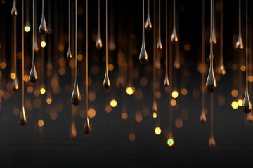 Golden droplets hang in a luminous display against a dark background during a creative artistic installation