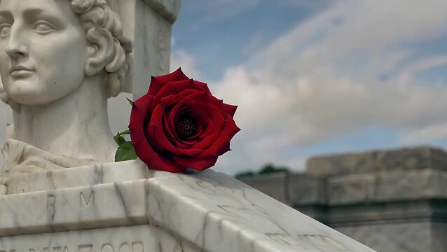 solitary crimson rose placed upon alabaster stone monument commemorating the global conflicts of 1914-1918 and 1939-1945 for the annual day of memorial observance detailed shot