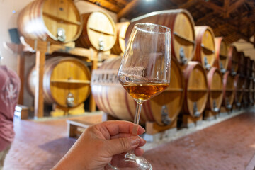 Visit of wine cellar with old large oak barrels, hand holding glass of fortified dry or sweet tasty...