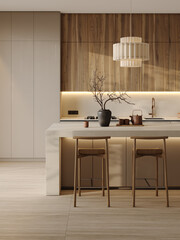 Modern minimalist kitchen with beige cabinets, wooden details, island counter and soft ambient lighting &mdash; stylish and functional interior