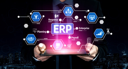 A businessman presents a tablet showcasing various cloud technology icons related to ERP systems and digital transformation in a corporate environment. Tessel