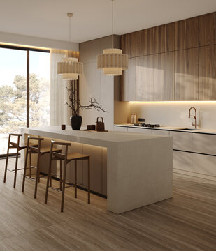 modern cozy house in Japanese minimalist style with natural wood, stone floor, warm cozy kitchen with beige kitchen island. 3d render. 3d illustration