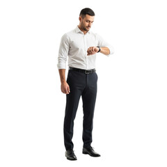 Fototapeta premium businessman checking time on wristwatch wearing formal attire in studio shot isolated on transparent background