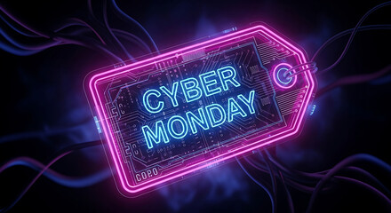 Cyber monday cyber monday neon tag with glowing lights and abstract lines on dark background, online shopping and sale concept, futuristic design element