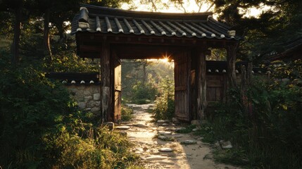Fototapeta premium Ancient Korean Wooden Gate Illuminated by Golden Sunset Light on a Serene Path.