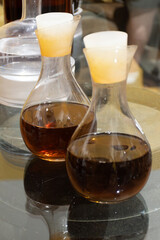 Visit of wine cellar with old large oak barrels, production of fortified dry or sweet tasty marsala wine in Marsala, Sicily, Italy