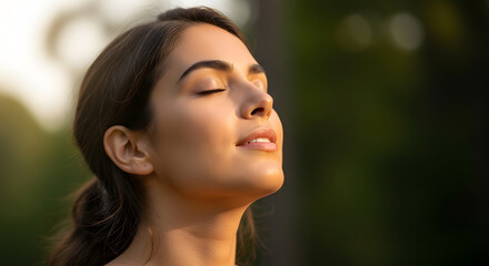 Close-up of woman breathing deeply with eyes closed, soft light, blurred nature background