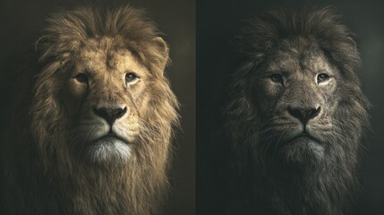 Two lion portraits showing contrasting expressions and lighting captured in a studio setting, showcasing the majesty and duality of these creatures