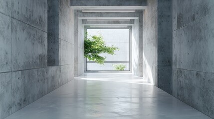 Obraz premium Sunlit Brutalist Corridor with a Polished Floor and a Verdant Window Escape.