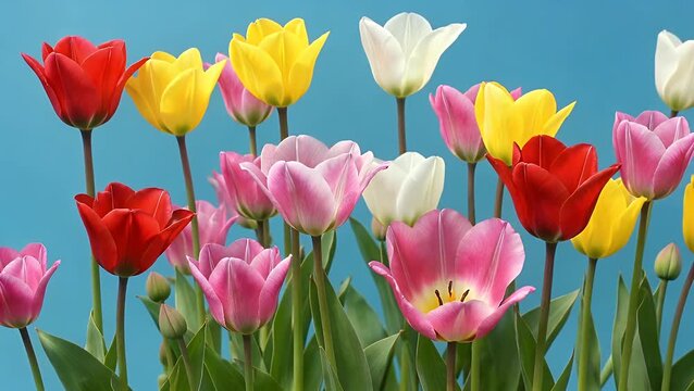 Digital Single-Lens Reflex Camera Photograph of Beautiful Blooming Tulip Flowers on Blue Backdrop with Copy Space