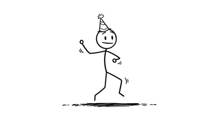 Stick figure dancing joyfully while wearing a party hat  
