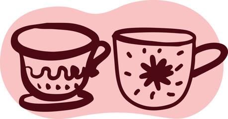 Tea Cups Collection Line Drawing Sketch	
