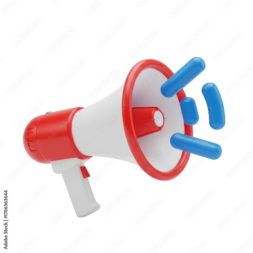 Poster vibrant 3d rendering of a megaphone icon with dynamic sound waves on a transparent backdrop showcasi