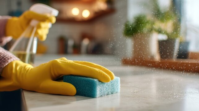 Close-up of gloved hands cleaning counter with sponge and spray bottle creating a sparkling clean