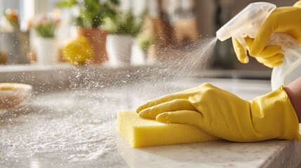 Close-up of a person wearing yellow gloves using a sponge and spray cleaner to clean a kitchen