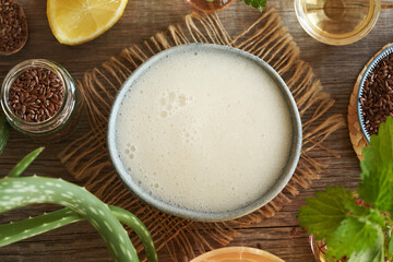 DIY shampoo made with homemade flax seed gel, argan oil, apple cider vinegar, nettle and coco glucoside. Natural haircare.